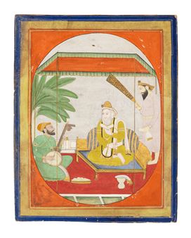Guru Nanak, holding a prayer book and a dervish crutch, seated with Bala and Mardana beneath a canopy on a terrace - Guler School, 19th Century
