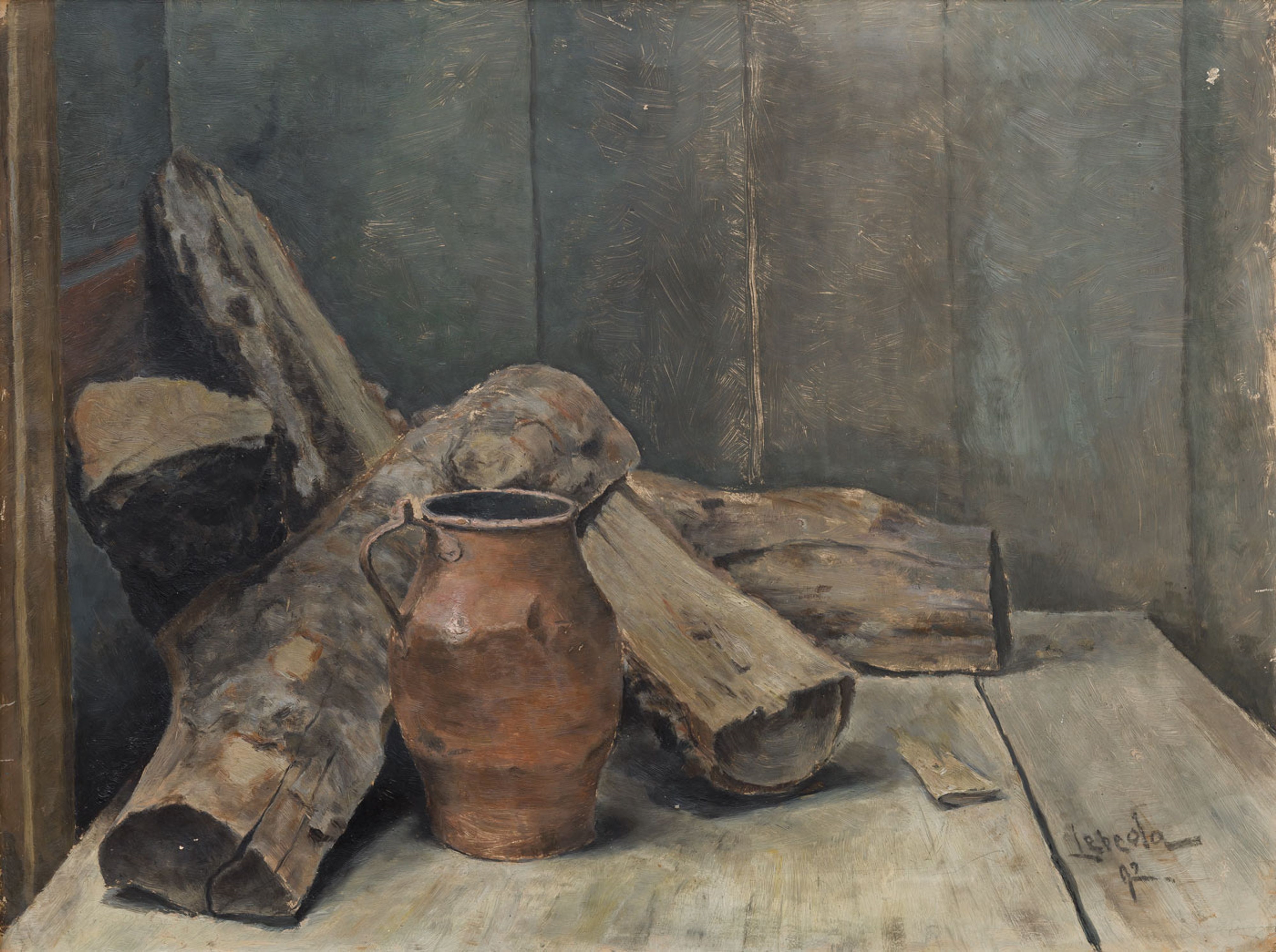 Artwork by Otakar Lebeda, Still Life with Logs, Made of oil on cardboard laid down on canvas