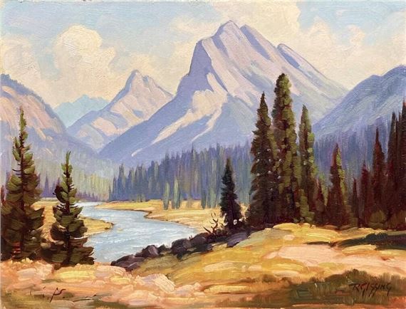 (1895 - 1967) ASA
Bow Valley
oil on paper board
12 x 16 in 30.5 x 40.6 cm 1961
signed lower right by Roland Gissing, 1961