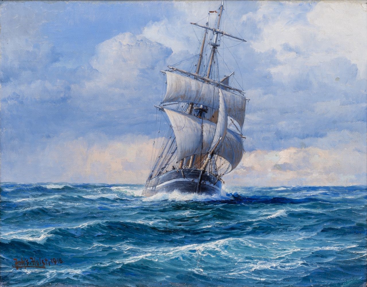 Artwork by Johannes Holst, Traditional three-master, Made of Oil/canvas/cardboard