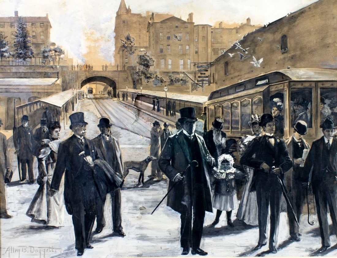 Artwork by Allen B. Doggett, Montague Street in the Gay Nineties, NY, Made of gouache on heavy paper