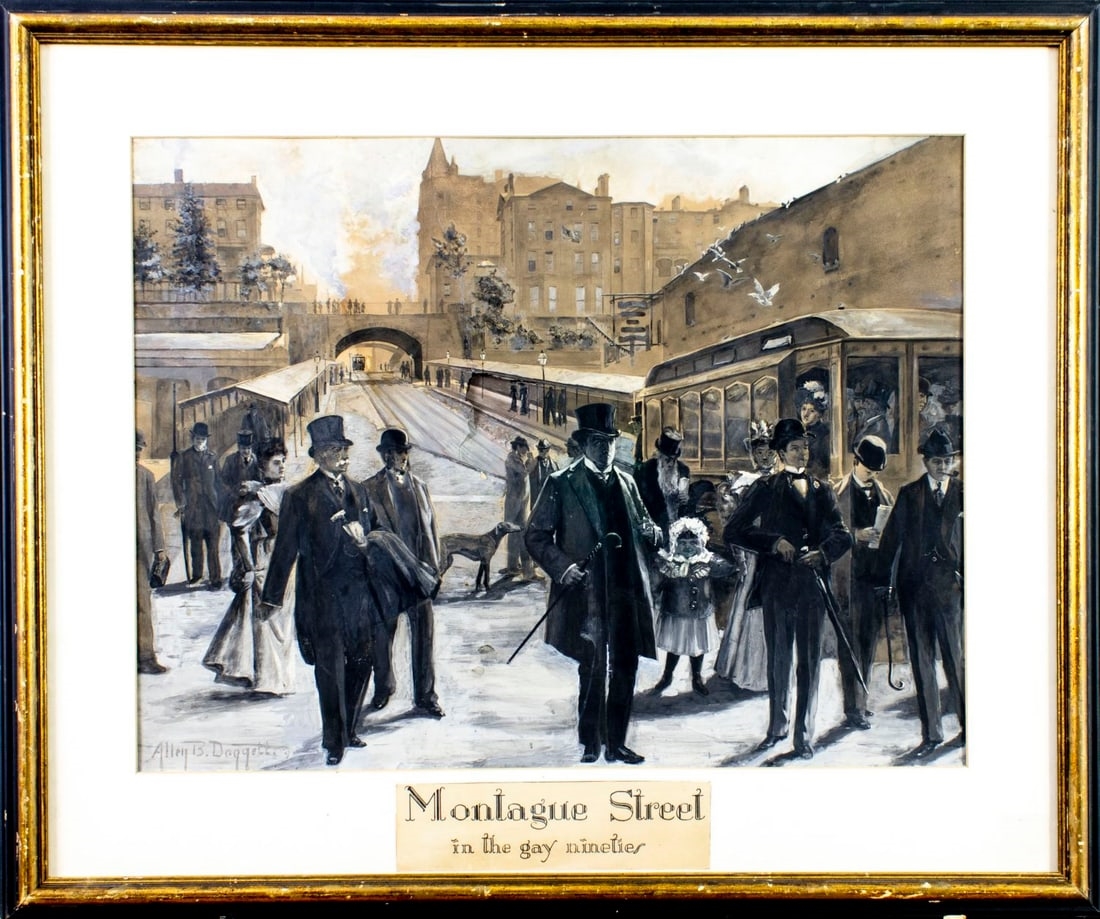 Artwork by Allen B. Doggett, Montague Street in the Gay Nineties, NY, Made of gouache on heavy paper