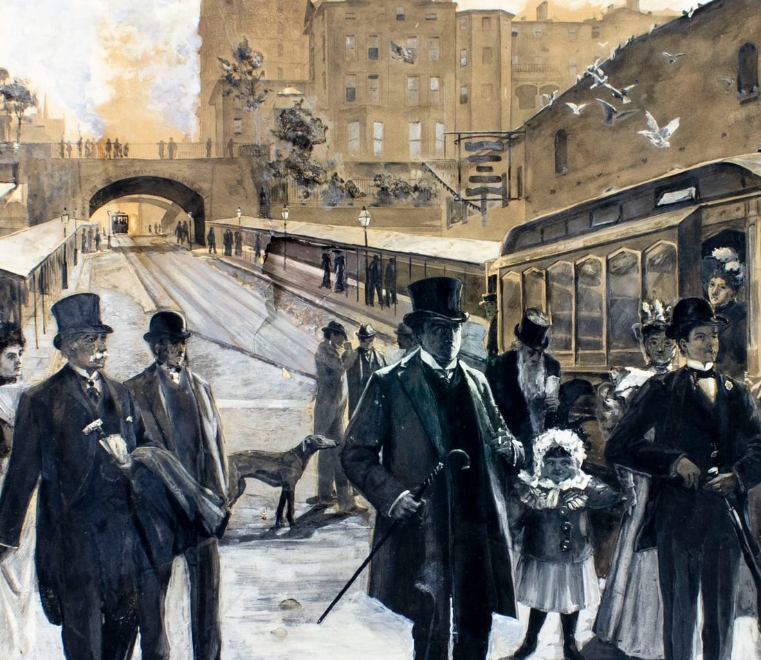 Artwork by Allen B. Doggett, Montague Street in the Gay Nineties, NY, Made of gouache on heavy paper