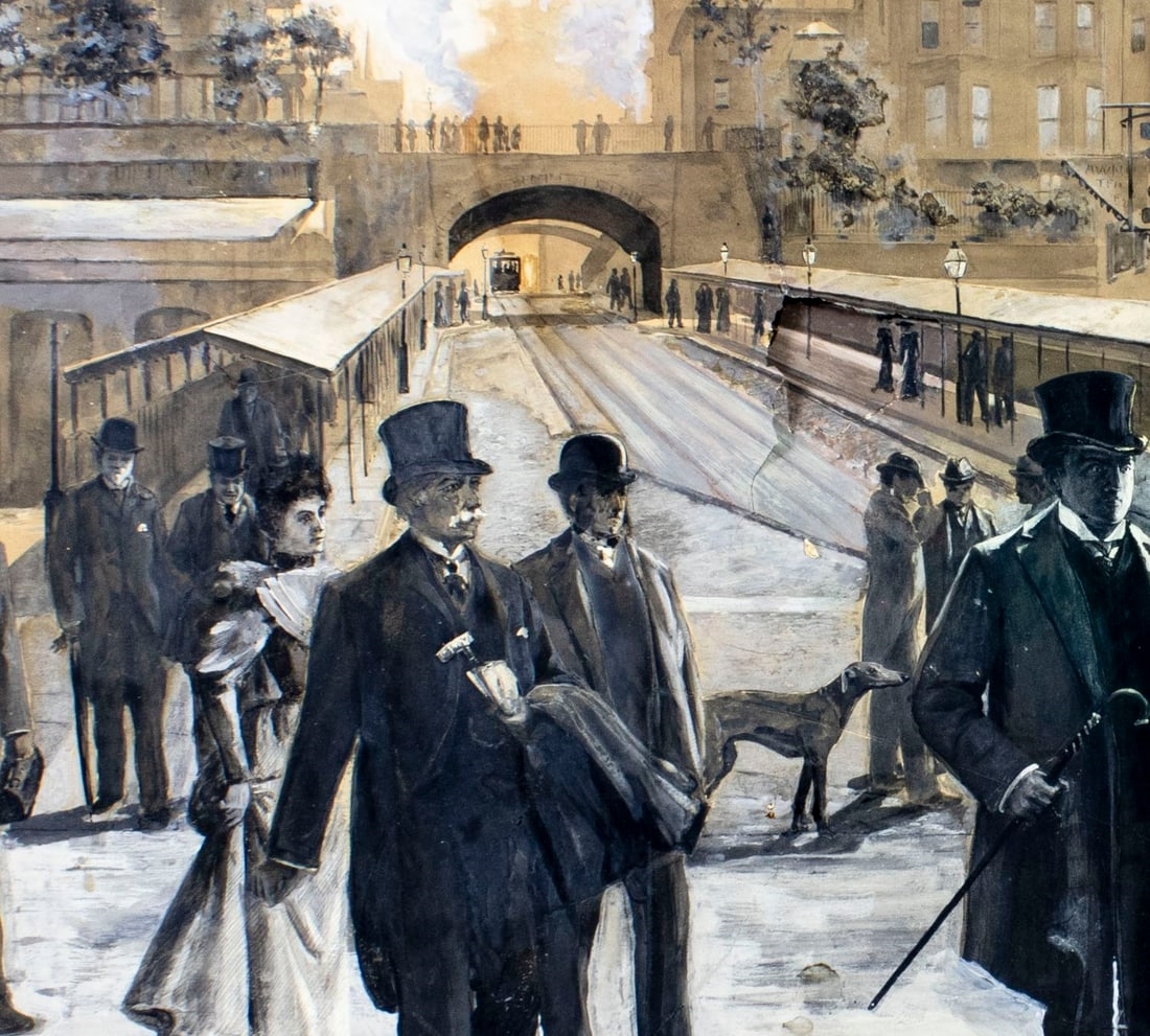 Artwork by Allen B. Doggett, Montague Street in the Gay Nineties, NY, Made of gouache on heavy paper