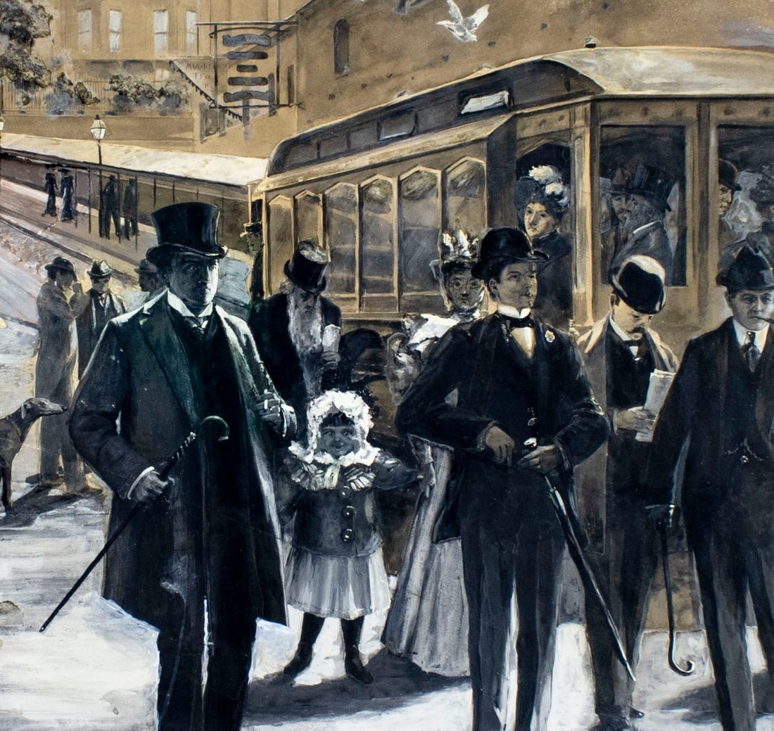 Artwork by Allen B. Doggett, Montague Street in the Gay Nineties, NY, Made of gouache on heavy paper