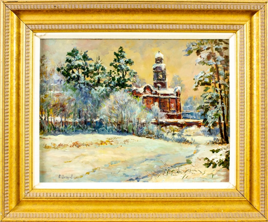 Artwork by Andrei Shagarov, Winter Landscape with Church, Made of oil on board