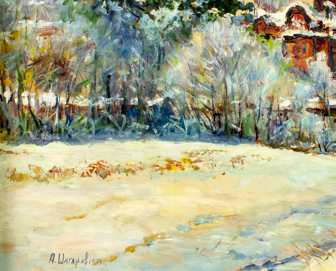 Artwork by Andrei Shagarov, Winter Landscape with Church, Made of oil on board