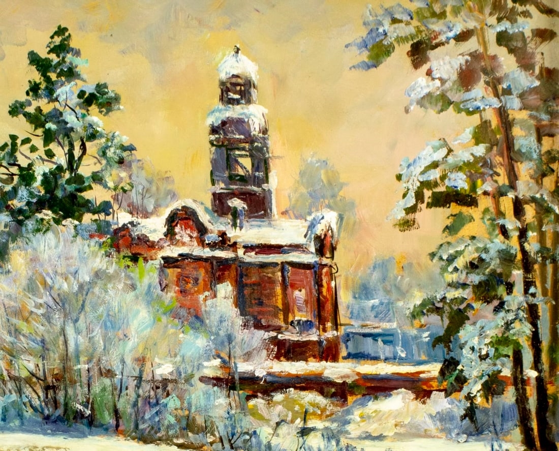 Artwork by Andrei Shagarov, Winter Landscape with Church, Made of oil on board