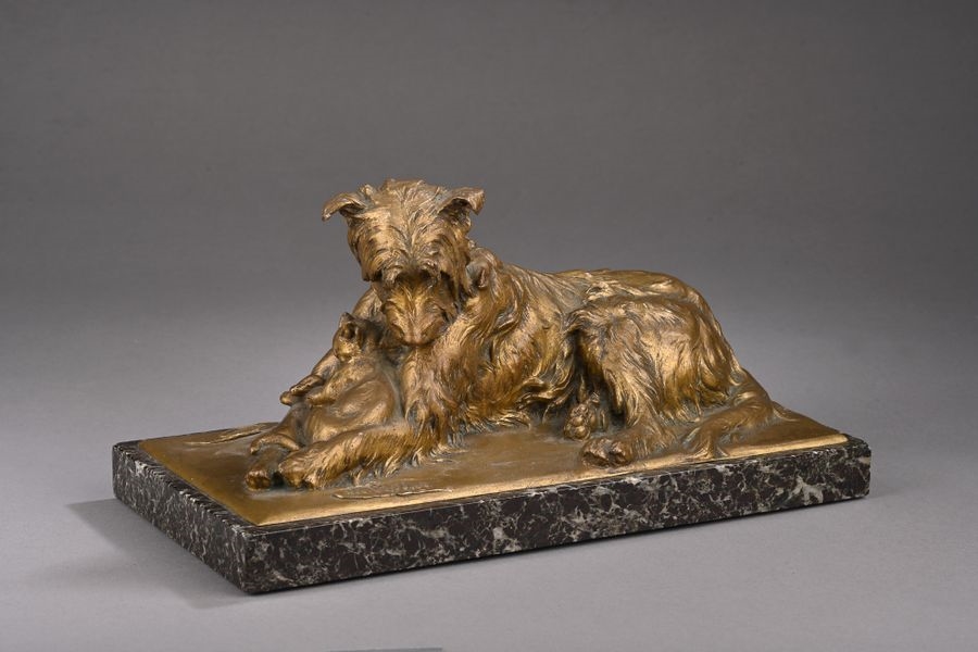 Artwork by Charles Paillet, The two friends, Made of Bronze with golden patina resting on a marble base