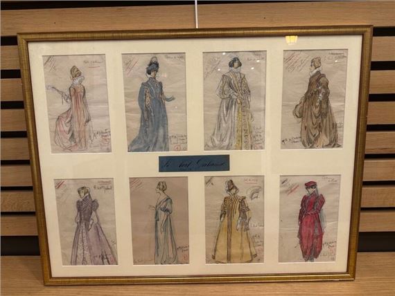 Charles BETOUT (1869-1945). Eight costume studies for Vert Galant in the same frame. Watercolor over pencil lines. 20.5 x 12.5 cm (on view) for each drawing. (Folds