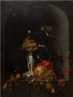 Silver tazza with grapes, fruits and flowers in an alcove - Pieter van den Bosch