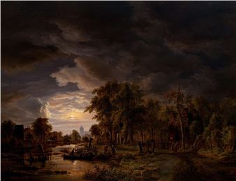 Moonlit village by a river - Jacobus Theodorus Abels