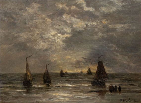 Bomschuiten near the shore underneath a cloudy sky by Hendrik Willem Mesdag, 1997