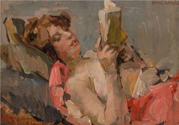 A figure reclines in a dimly lit room, holding a book and gazing upward with a contemplative expression.