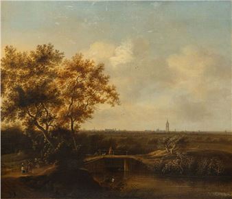 View of The Hague, seen from the north, a man and his dog on a bridge in the foreground - Jacob Theunisz Van der Croos