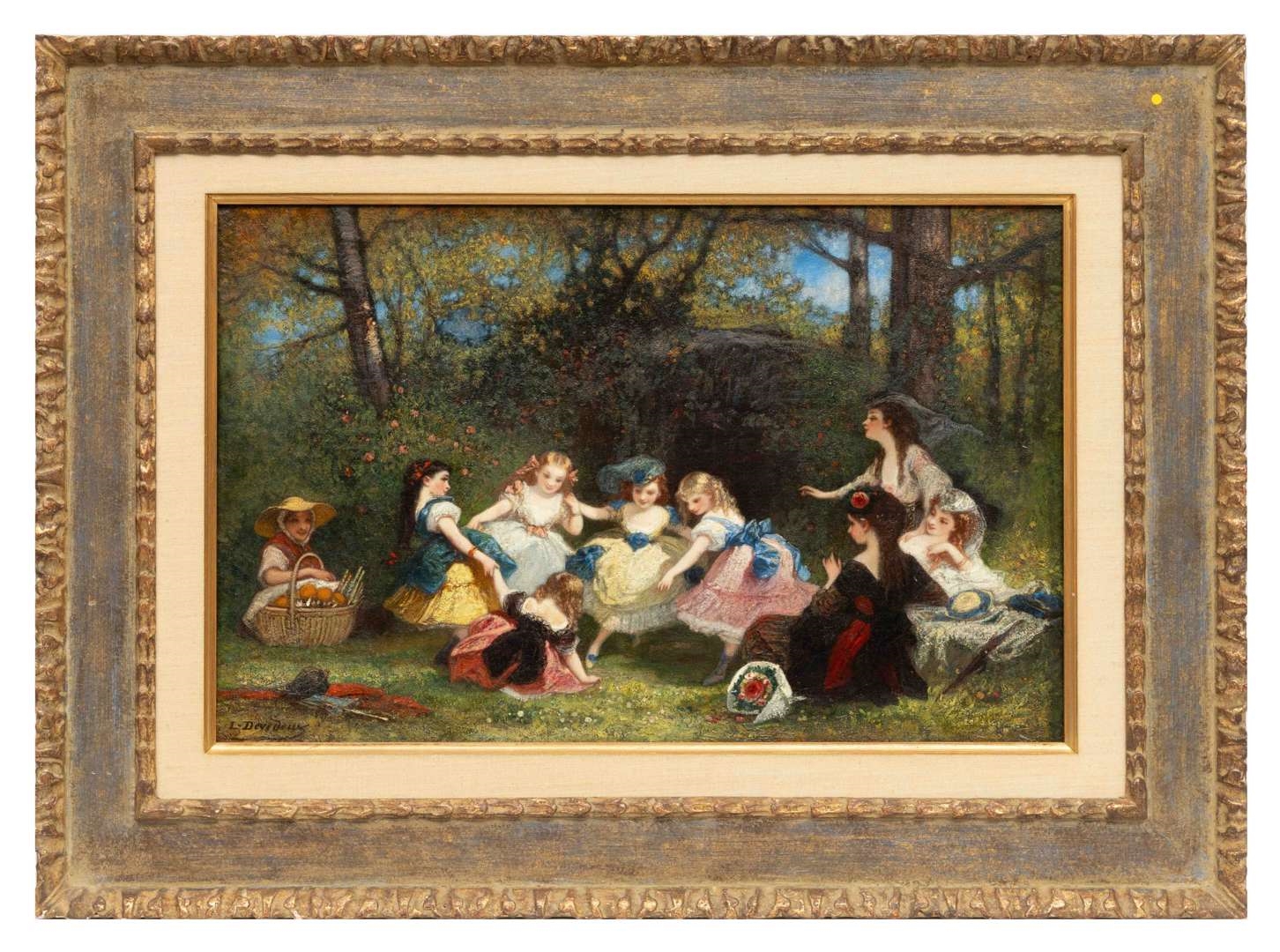 Artwork by Louis Devedeux, Girls dancing during a picnic in the park, Made of oil on canvas