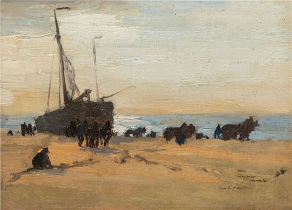 Horses pulling bomschuiten on the beach in the late afternoon by Willy Sluiter, Painted circa 1901