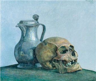 Vanitas still life with a skull and tin can - Vilmos Huszár