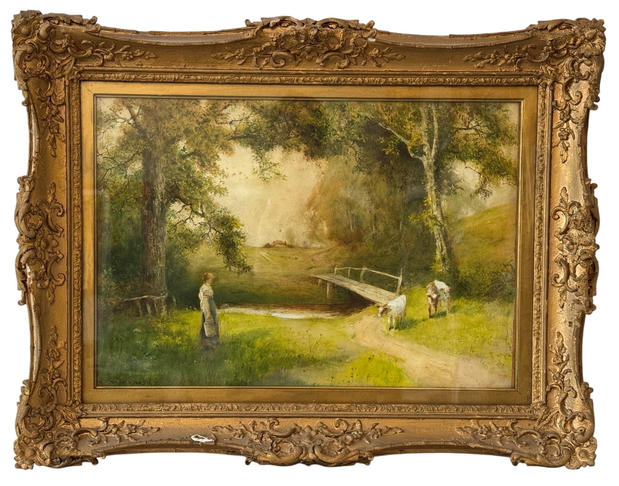 Artwork by Fred Hines, Milkmaid and cattle beside a footbridge, Made of Glazed