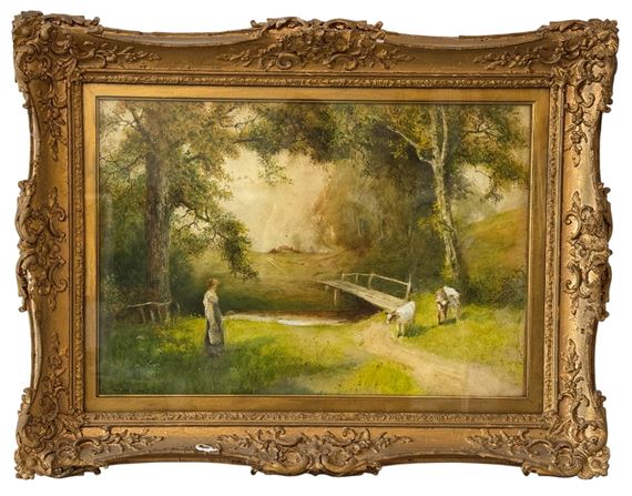 Milkmaid and cattle beside a footbridge - Fred Hines