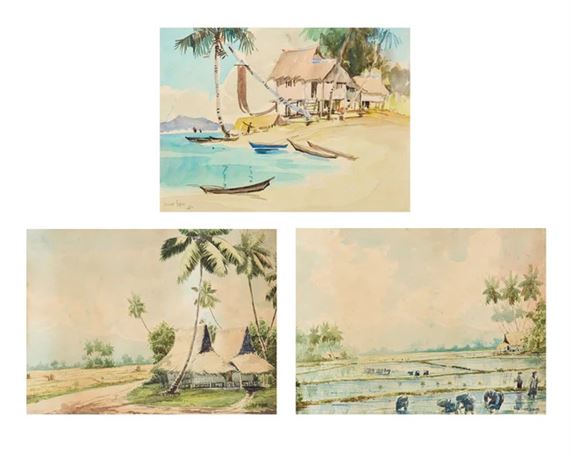 Watercolour on paper, signed and dated ’51, 28cm x 38cm , and two further watercolours by M