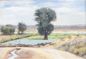A serene landscape painting of a rural road leading to a field with a large tree and distant hills.
