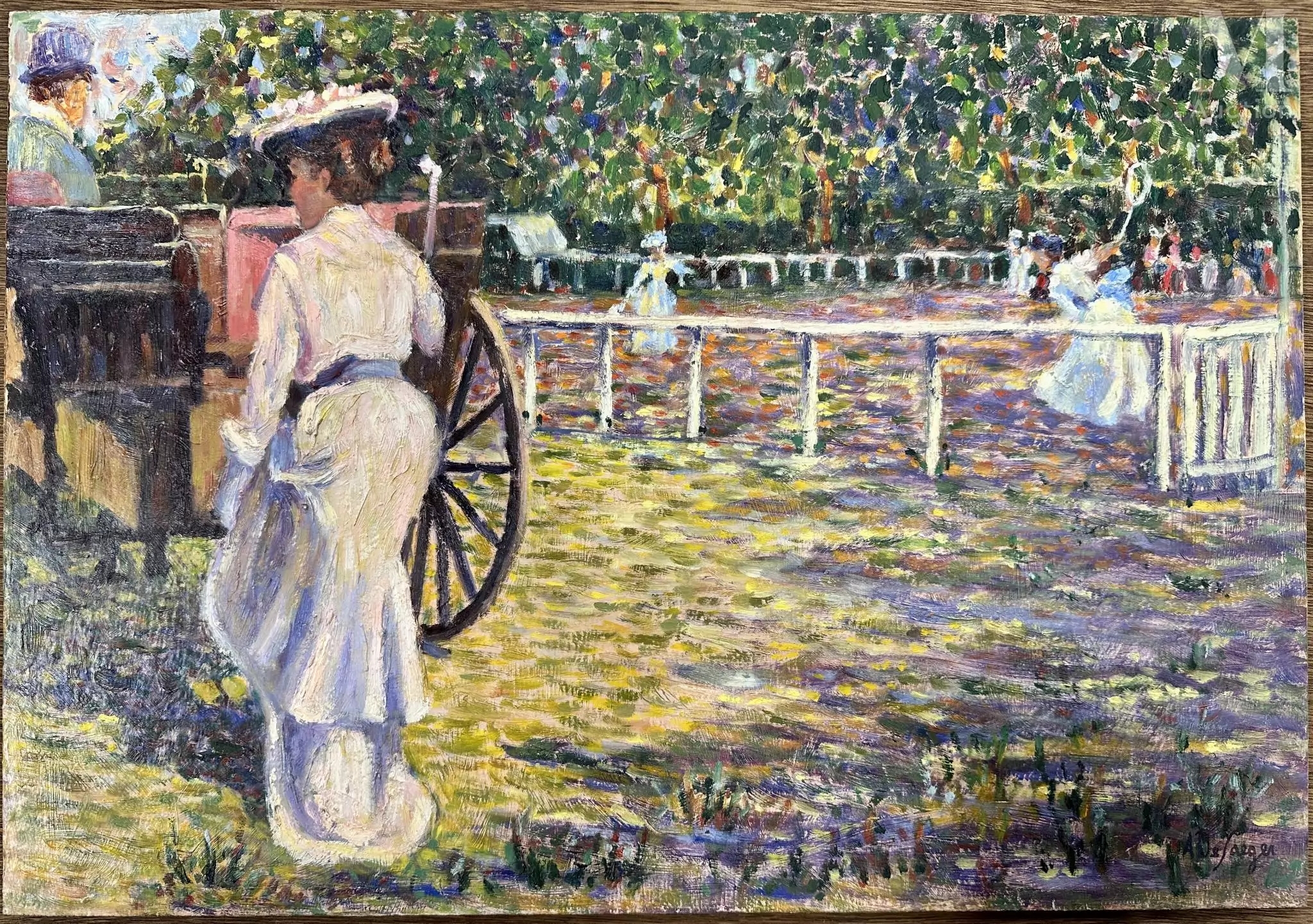 Artwork by Anne de Jaeger, Conversation à l'ombrelle et parties de tennis, Made of oil on panel