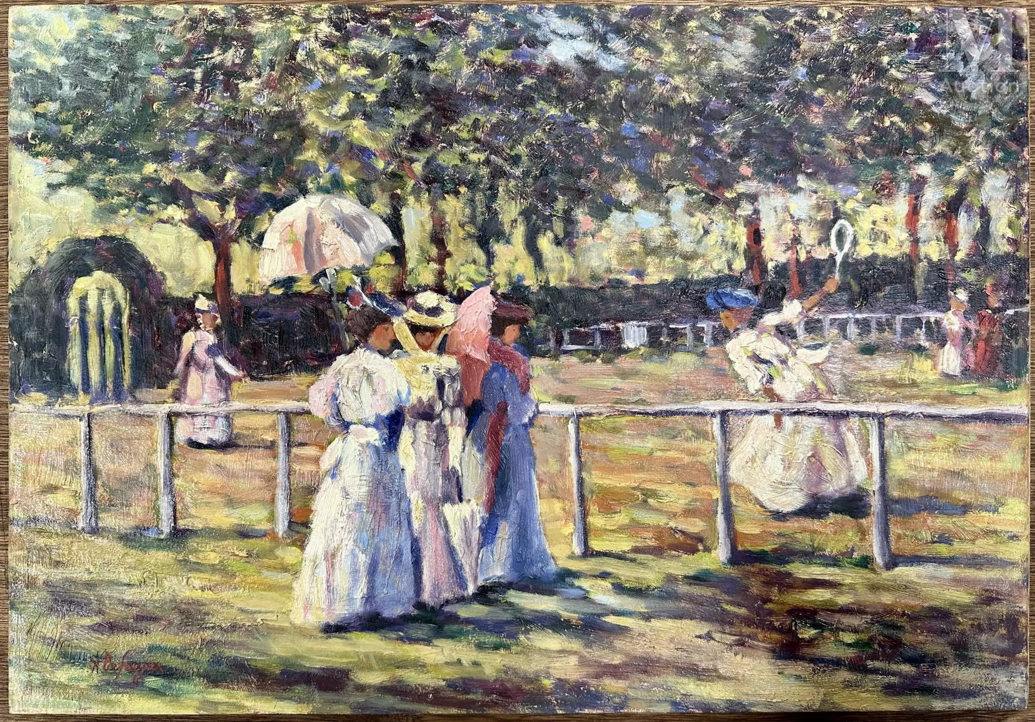 Artwork by Anne de Jaeger, Conversation à l'ombrelle et parties de tennis, Made of oil on panel