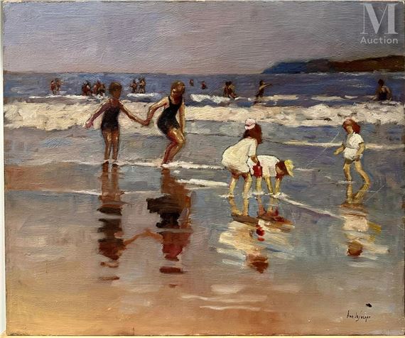 Déjeuner au parc / Enfants jouant sur la plage by Anne de Jaeger