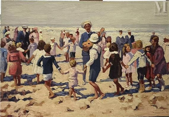 Ronde sur la plage/fillette jouant by Anne de Jaeger