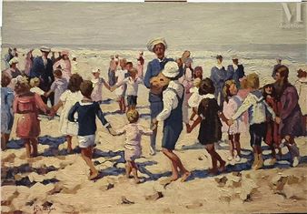 Ronde sur la plage/fillette jouant - Anne de Jaeger