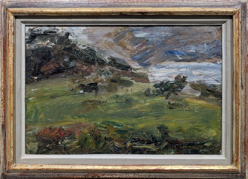 Artwork by Léon Lehmann, "Meadows and hill at Ferette Oil on panel Signed lower right and titled on back H 26, Made of Oil on panel