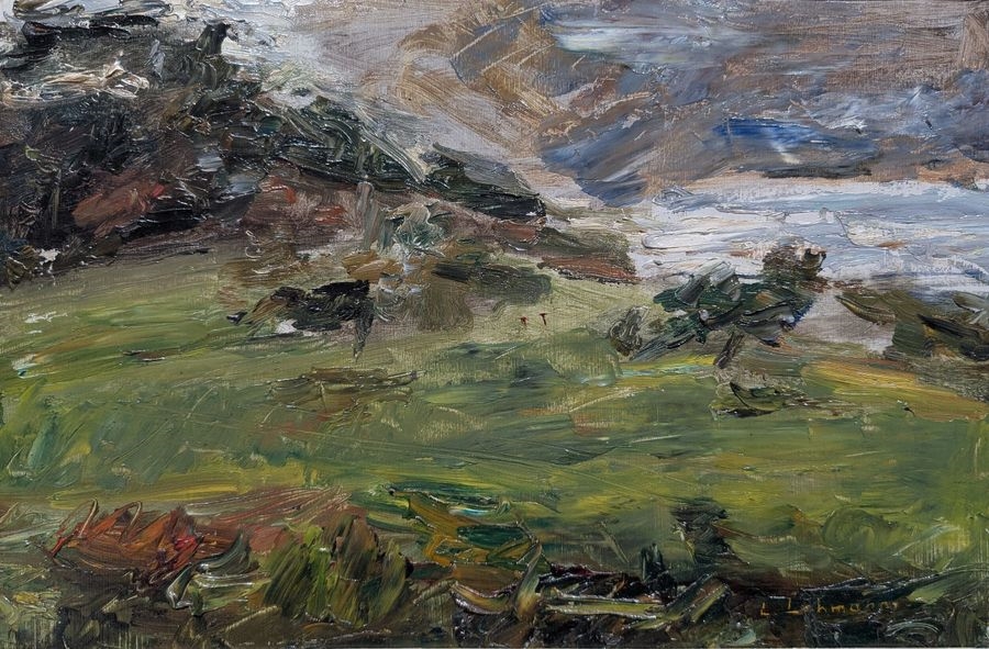 Artwork by Léon Lehmann, "Meadows and hill at Ferette Oil on panel Signed lower right and titled on back H 26, Made of Oil on panel
