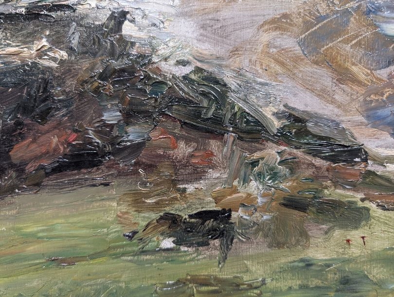 Artwork by Léon Lehmann, "Meadows and hill at Ferette Oil on panel Signed lower right and titled on back H 26, Made of Oil on panel