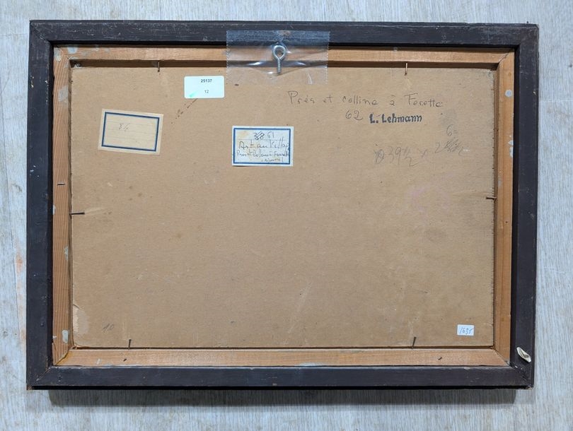 Artwork by Léon Lehmann, "Meadows and hill at Ferette Oil on panel Signed lower right and titled on back H 26, Made of Oil on panel