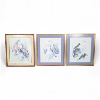 3 X GILT FRAMED WATERCOLOR PAINTINGS OF BALD EAGLES BY JOAN BUCHE BEHIND GLASS - Joan Buche