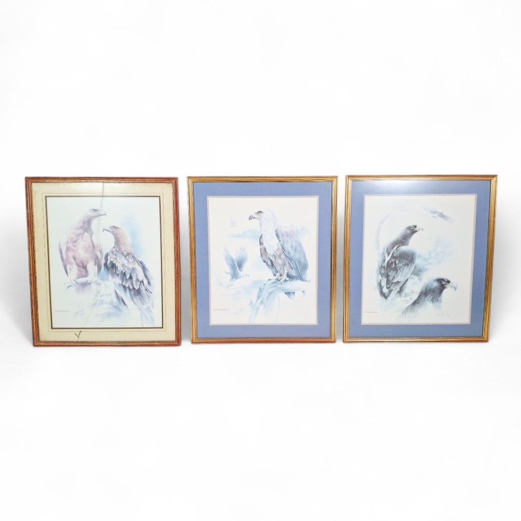 Artwork by Joan Buche, 3 X GILT FRAMED WATERCOLOR PAINTINGS OF BALD EAGLES BY JOAN BUCHE BEHIND GLASS, Made of WATERCOLOR PAINTING