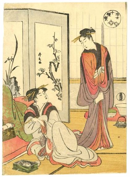 from the series Ukiyo jishhu h (ʮN), Ten Magic Treasures of the Floating World, plate two courtesans in an interior by Torii Kiyonaga, Circa 1785