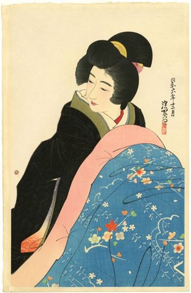 from the series Gendai bijinshū dai-nishū (現代美人集第二輯), Second Collection of Modern Beauties, plate Kotatsu (こたつ), Heating Table by Shinsui Ito, Dated the 12th month of Showa 6 (1931)