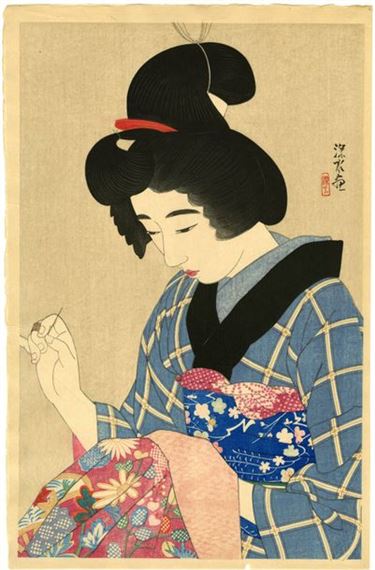 from the series Gendai bijinshū dai-isshu (現代美人集第一輯), First Collection of Modern Beauties, Haneri plate (半襟), Sewing the collar for a Kimono from underneath by Shinsui Ito, 1929