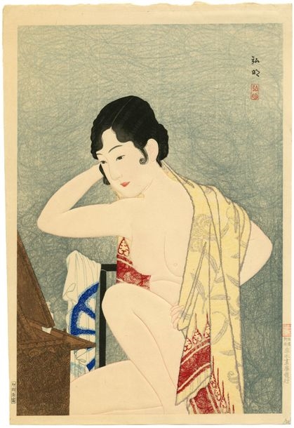 Artwork by Takahashi Shtei, Beauty in front of a mirror, Made of Print, dai oban tate-e