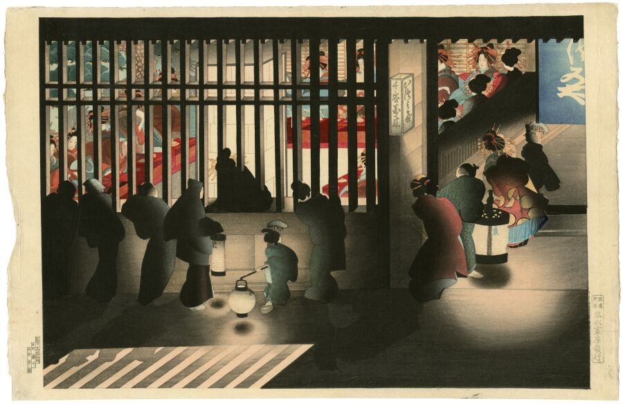 Artwork by Takahashi Shtei, Night Scene at Yoshiwara, Made of Print, dai oban yoko-e