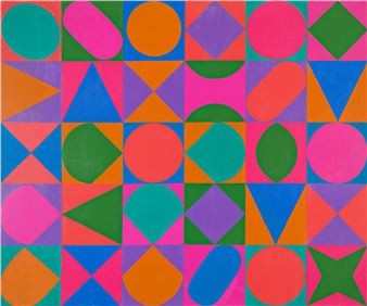 A vibrant geometric grid featuring bold shapes in neon pink, teal, orange, and purple.