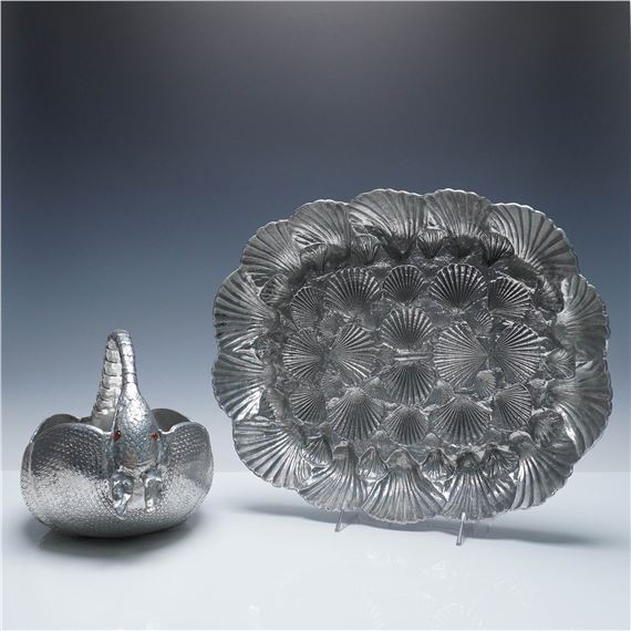ALUMINUM SERVEWARE, ARMADILLO BASKET AND SHELL PLATTER by Arthur Court, 1976 and 1980