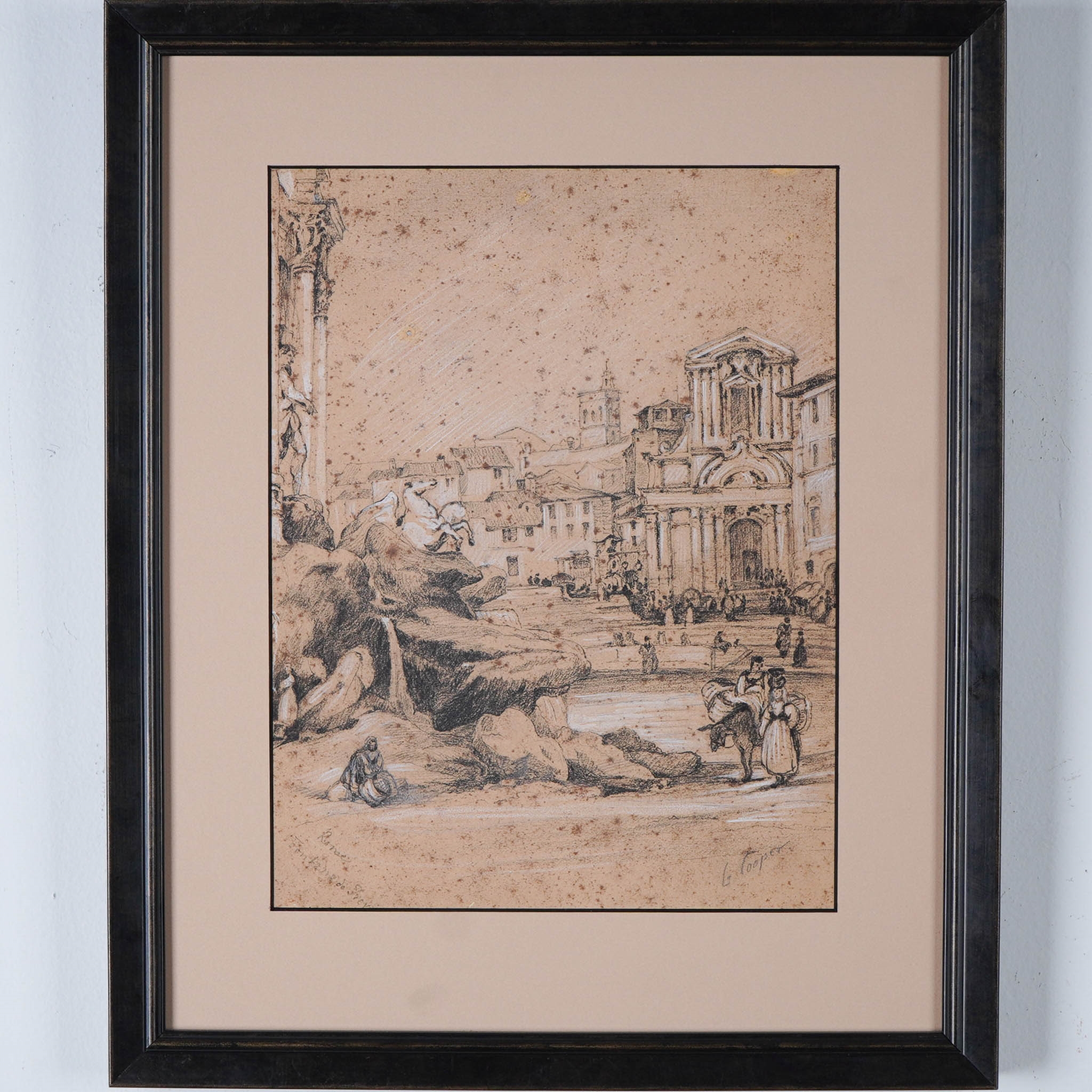Artwork by G. Cooper, Depicting a grand architectural scene with classical buildings, Made of Mixed Media Drawing