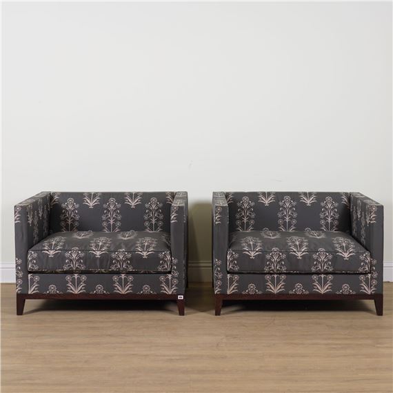 CHRISTIAN LIAIGRE; A PAIR OF FLORAL AND CHARCOAL UPHOLSTERED SQUARE BACK ARMCHAIRS by Christian Liaigre