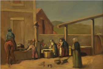 A pastoral scene depicting daily life in a rural village with figures gathered around a communal well.