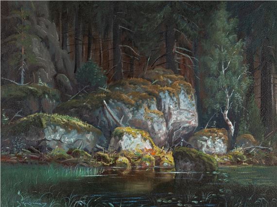 A moody forest landscape featuring a mossy rock formation beside a calm body of water.