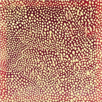 A mesmerizing abstract pattern of cream-colored dots on a deep red background, creating an optical illusion of depth and movement.