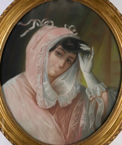 Artwork by Joseph Désiré Court, The mask, Made of Pastel on paper in an oval wood and gilded paste frame, decorated with ribbon and pearl friezes